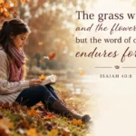 Scripture on autumn leaves and fading flowers