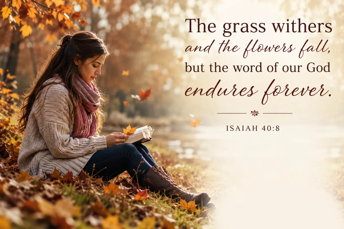Scripture on autumn leaves and fading flowers